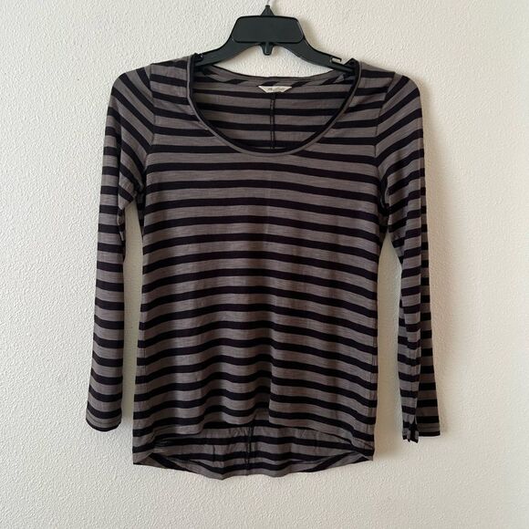 Madewell Anthem Striped Long Sleeve T-Shirt Hi-Low Size Small Green Scoopneck - Picture 1 of 3